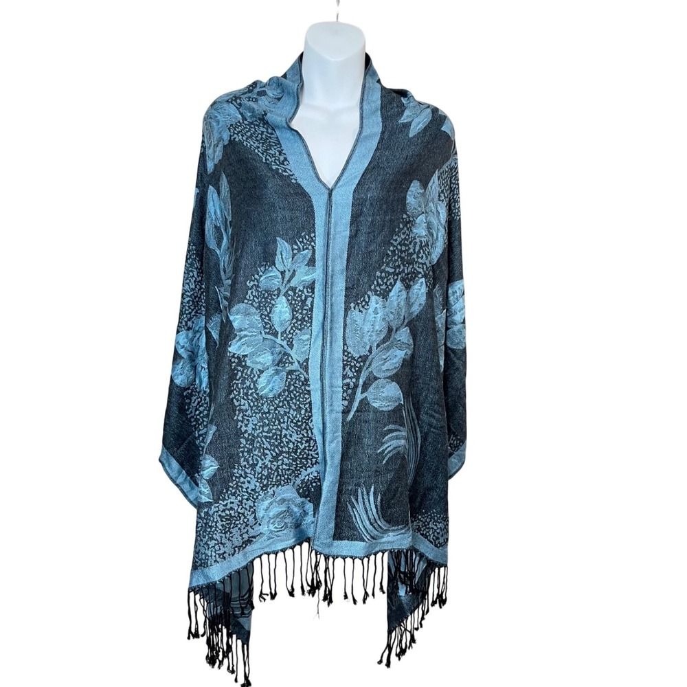 Unbranded Poncho Shawl Women OS Blue Reversible Jacquard Floral Peacock Fringe - Picture 2 of 4
